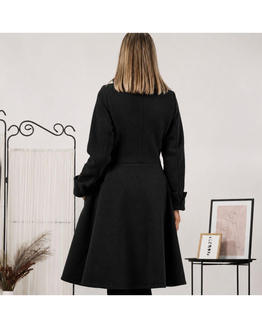 Nikka Place Black A-Line Woolen Coat With Pockets