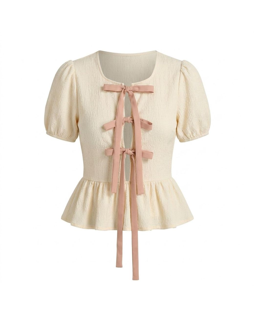 Modenaire Natural Neutrals Peplum Blouse Sculpted Sleeve Bow Detail