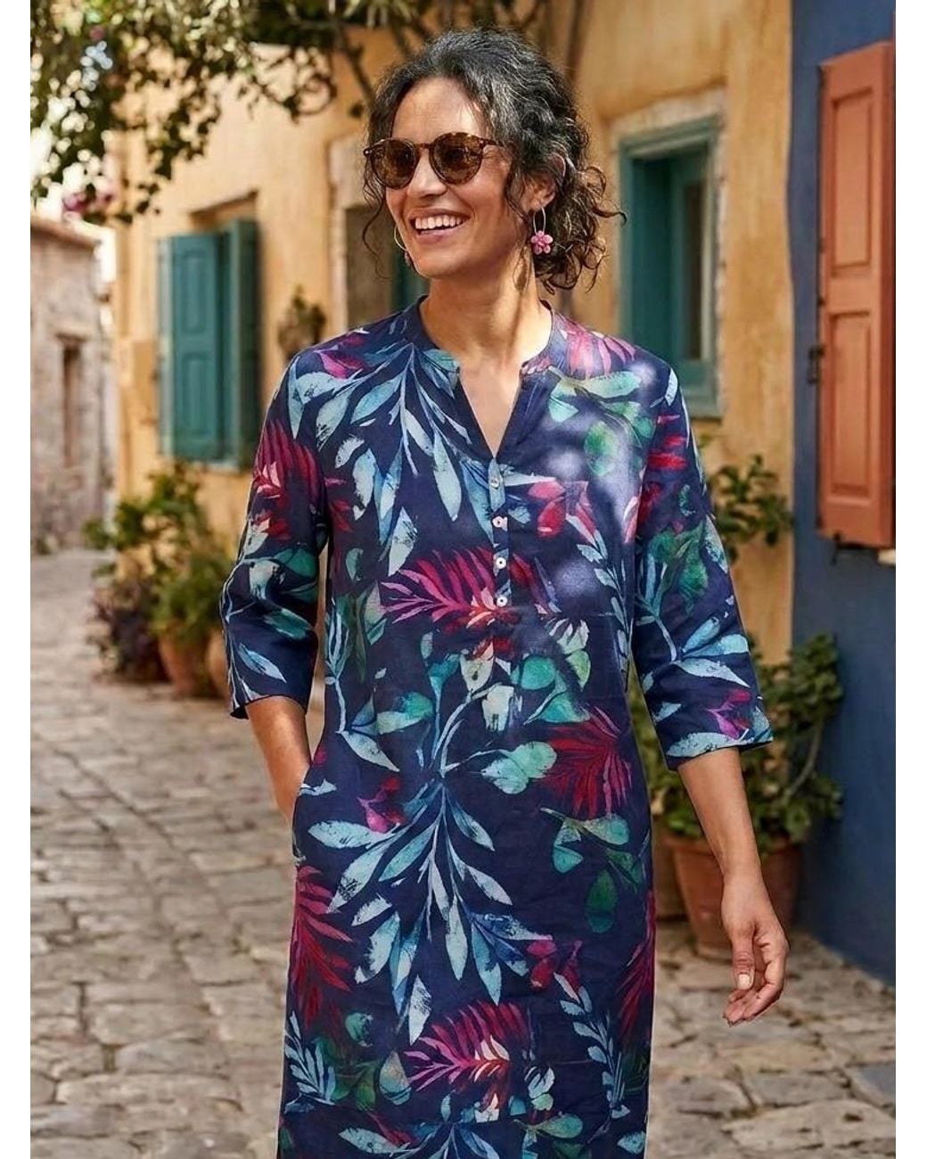 NoLoGo-chic Blue Leafy Tropic Tunic Dress