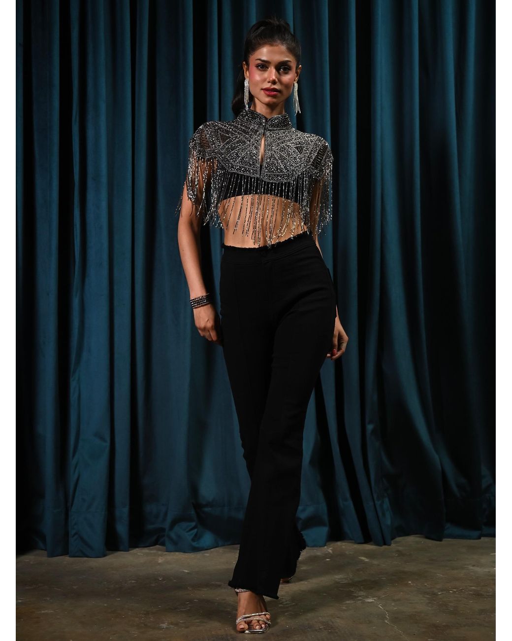 Rose & Nancy Black Bonnie Hand Embellished Fringe Cape Top