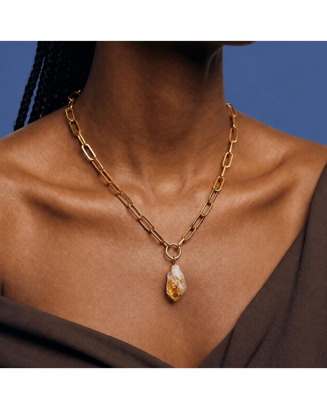 Saéa Metallic Raw Citrine Pendant Paperclip Chain Necklace