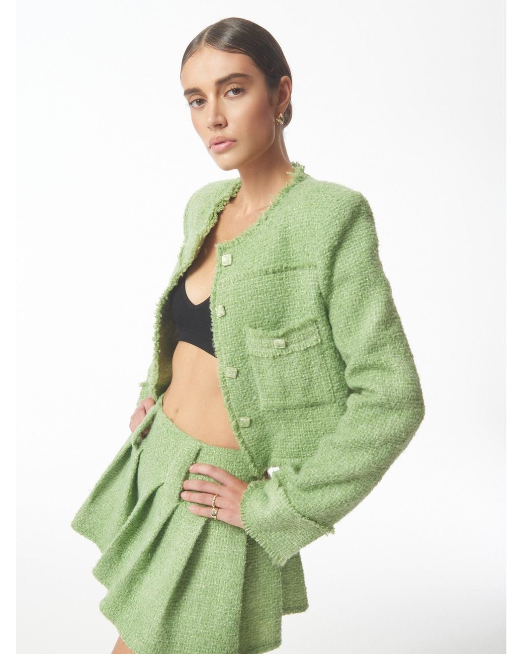 Sour Figs Green Metallic Thread Bouclé Tweed Jacket