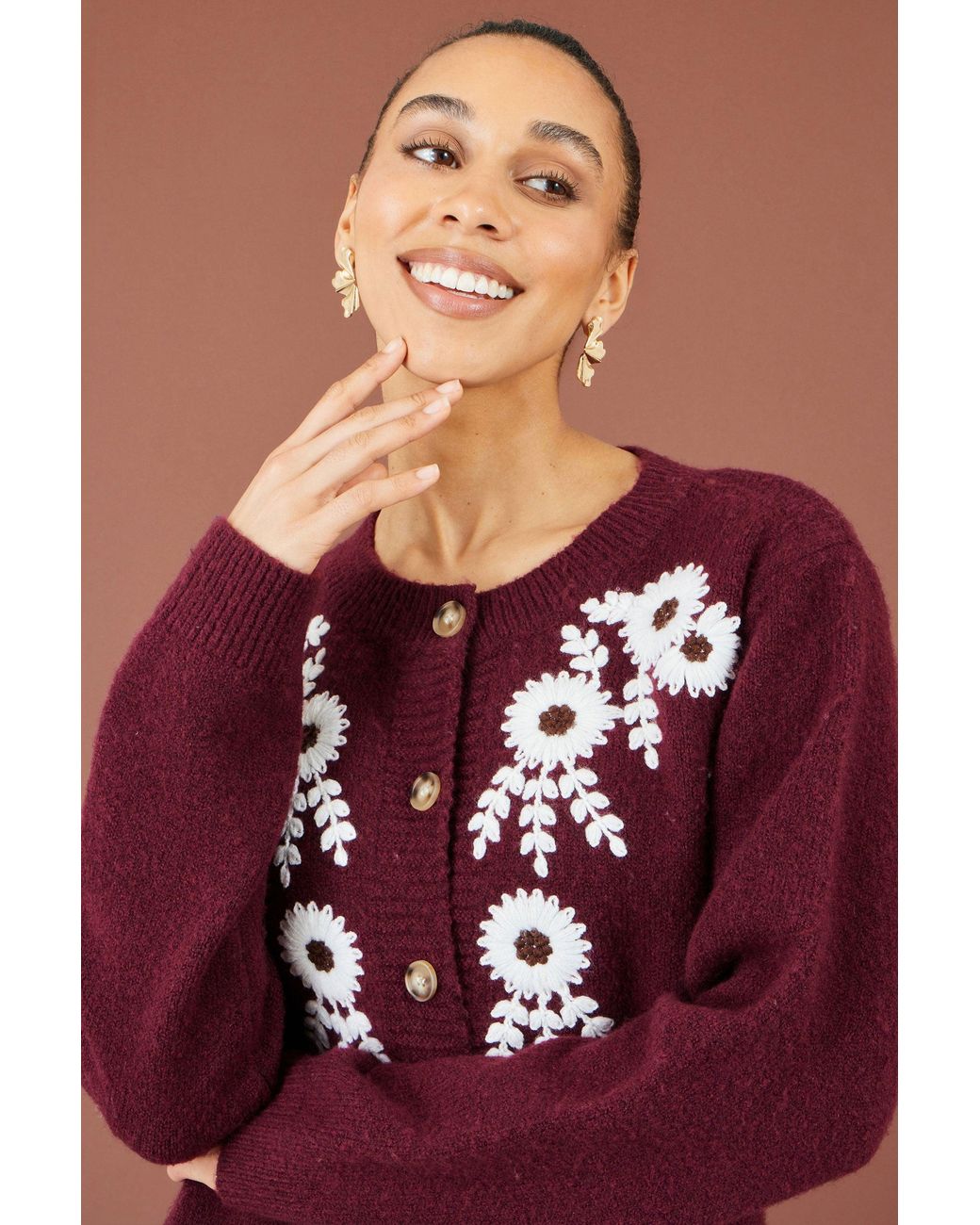 Yumi' Purple Burgundy Floral Embroidered Cardigan
