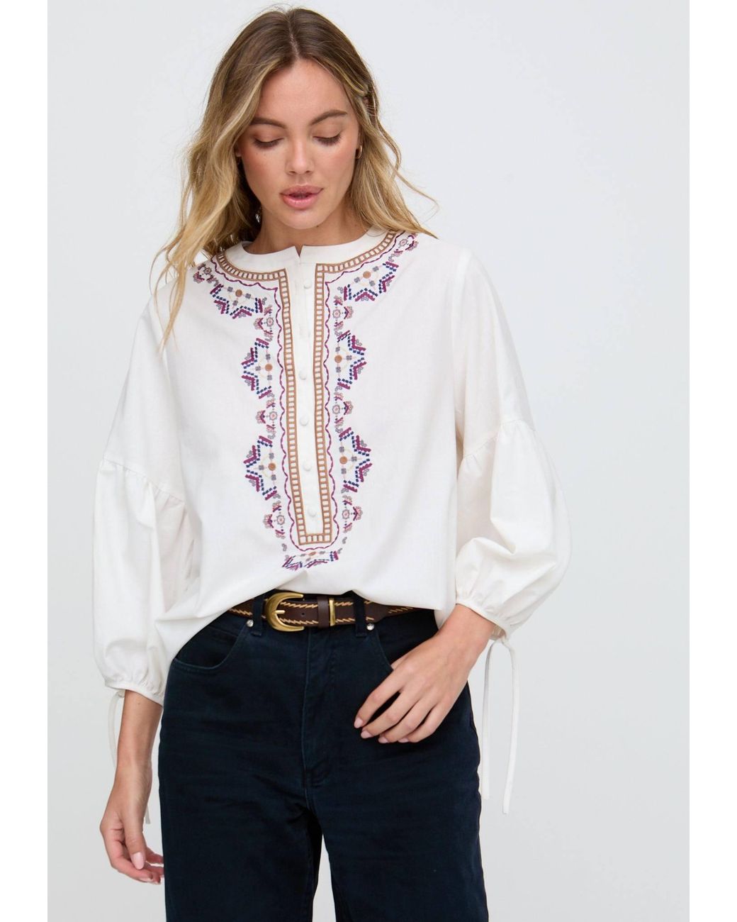 Raffya Natural Anai Half Placket Embroidered Blouse