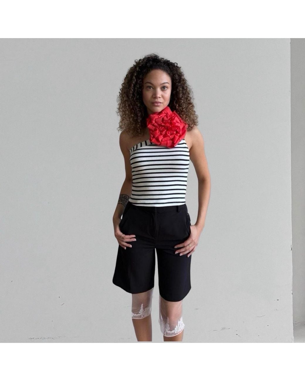London Atelier Byproduct Red Striped One Shoulder Top With Flower Pin