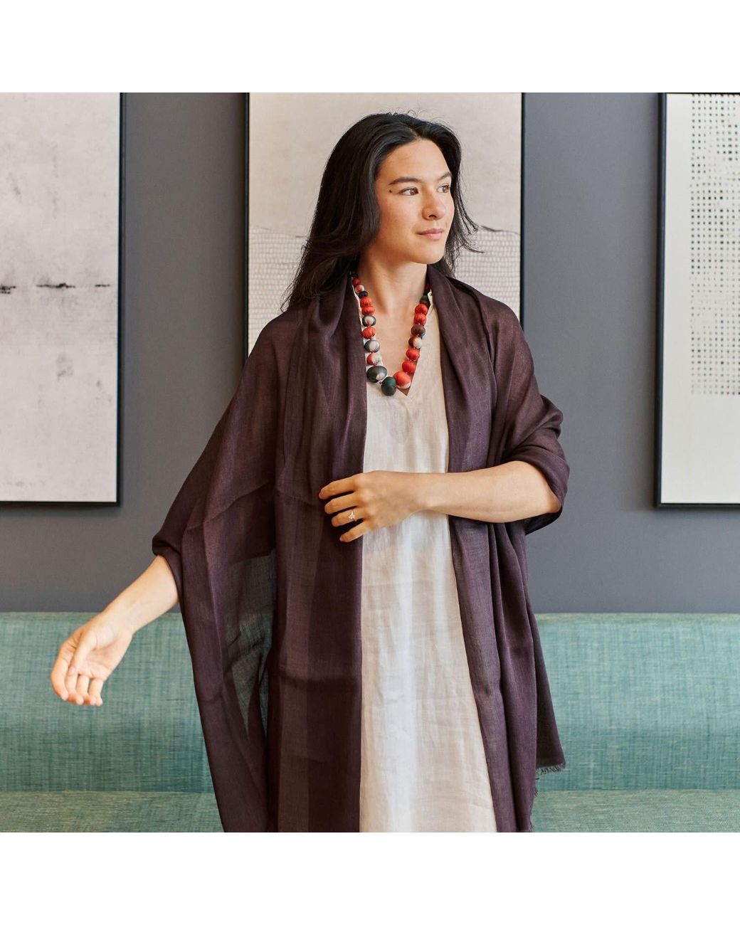 Variously Purple Resin Dark Hand Woven Soft Linen Silk Scarf