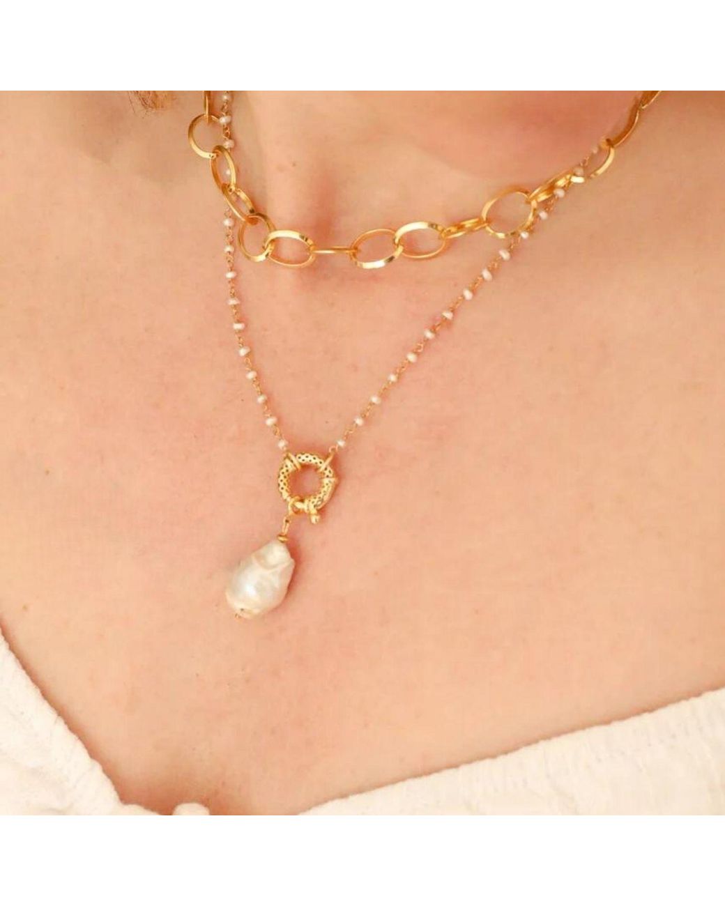LINYA JEWELLERY Metallic Baroque Pearl Chain Necklace