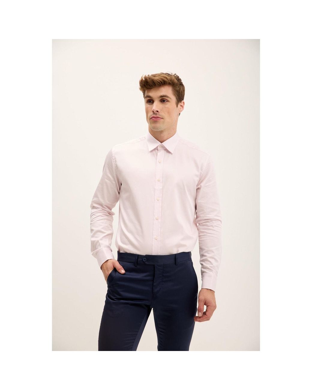 Ron Tomson Pink Pure Cotton Classic Collar Sateen Dress Shirt for men