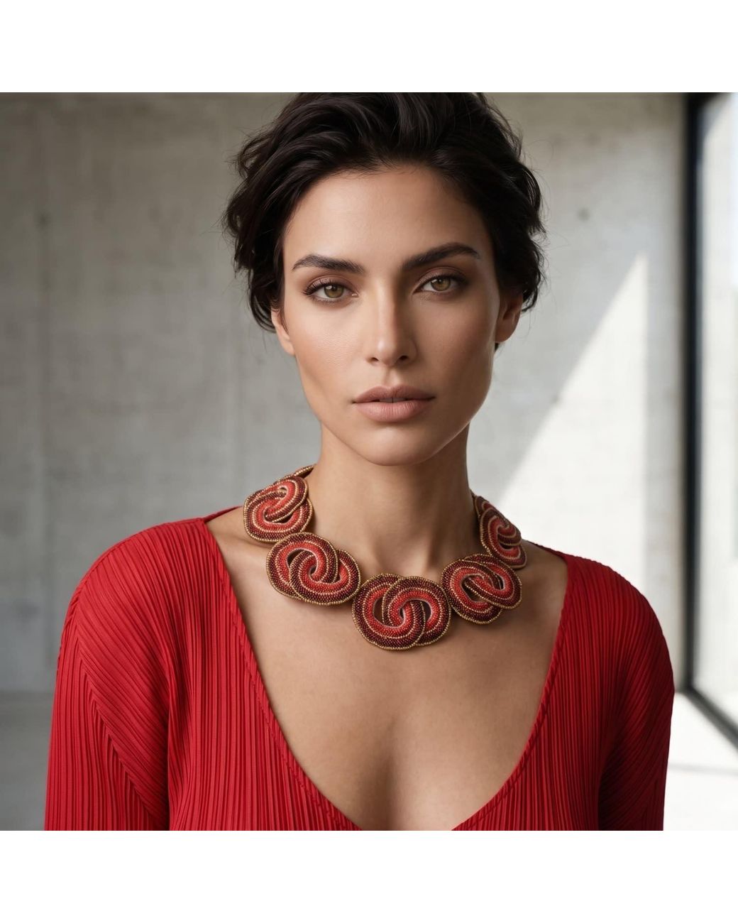 Iliana Arrazola Red Crisscrossed Circle Necklace, Glass Beads, Beaded Jewelry