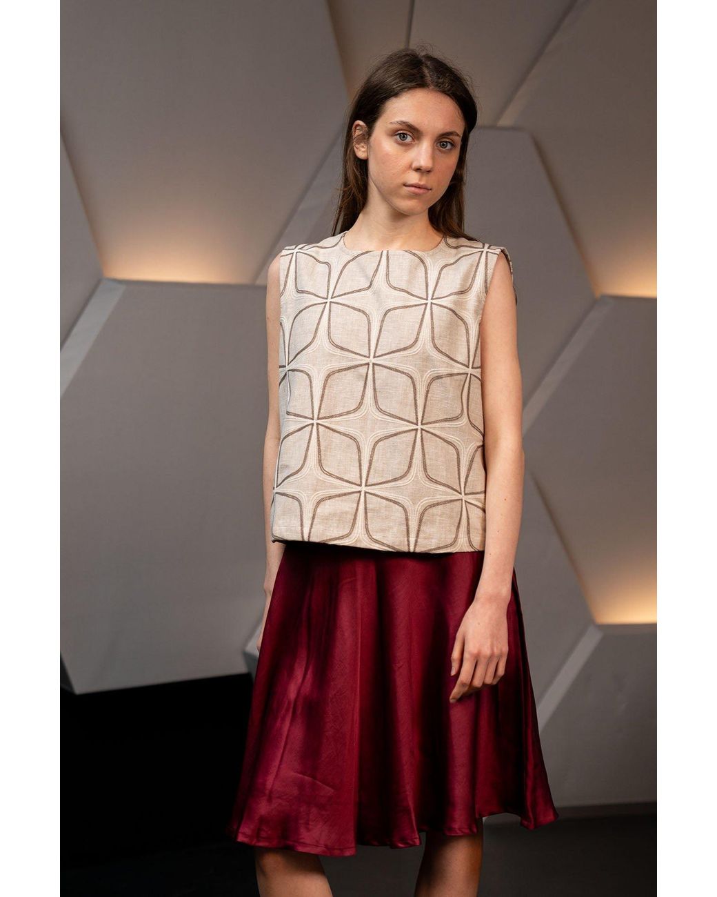 Stovaria Natural Neutrals Embroidered Linen Structured Sleeveless Statement Top