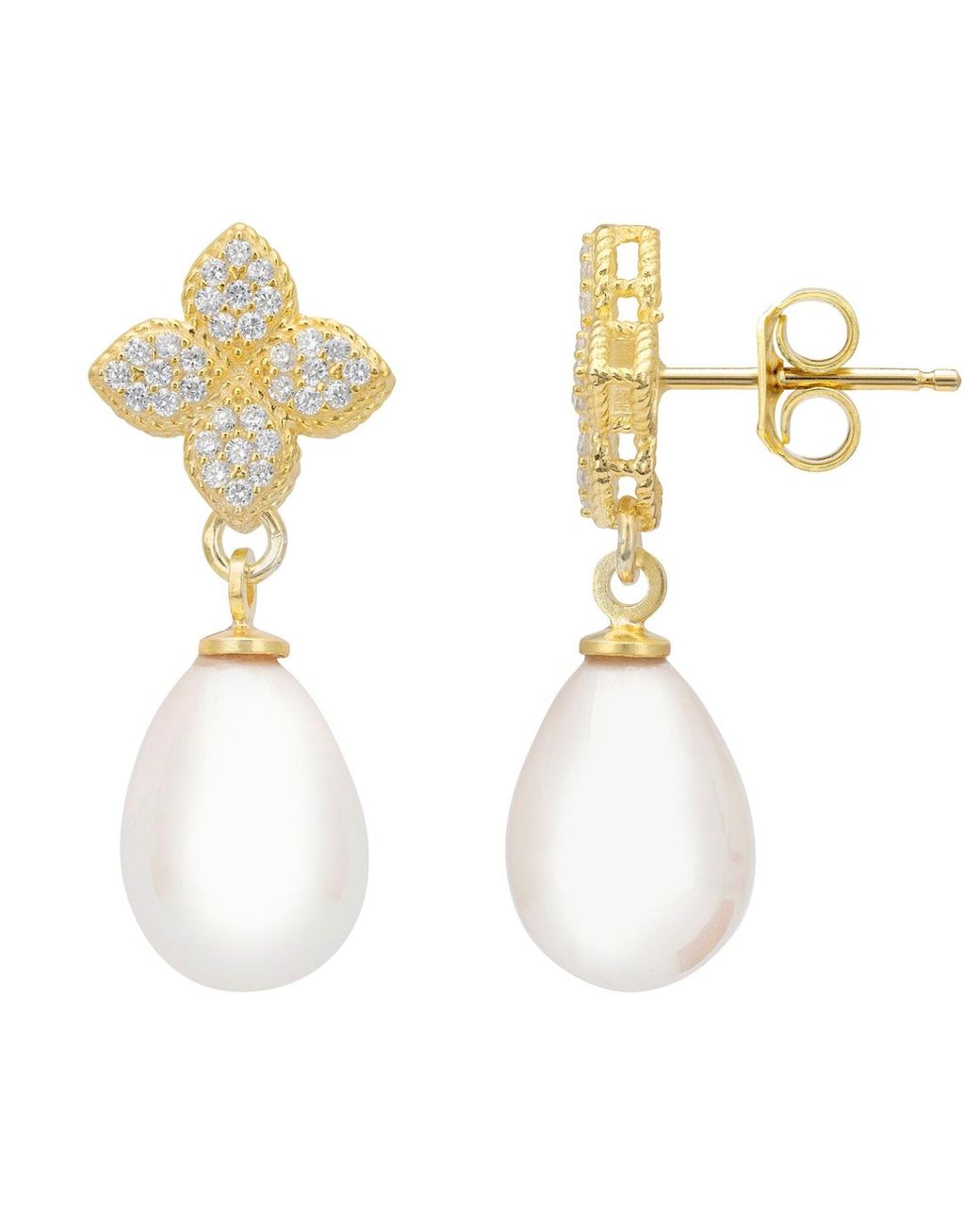 Latelita London Metallic Clover Flower Pearl Drop Cz Earrings