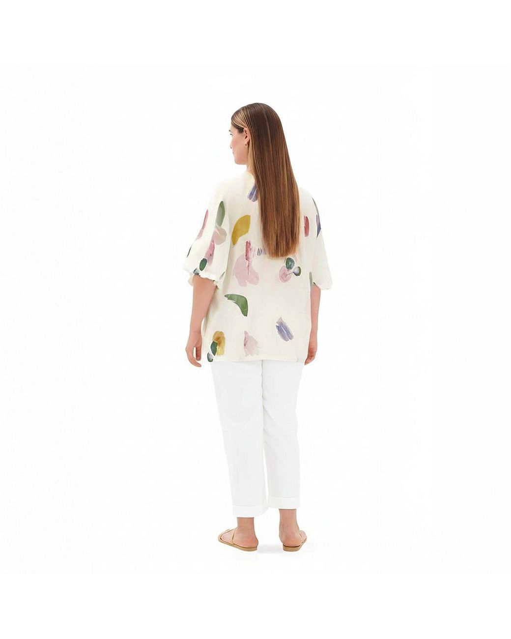 Haris Cotton White Printed Linen Gauze Button Front Blouse With Balloon Sleeves Tree