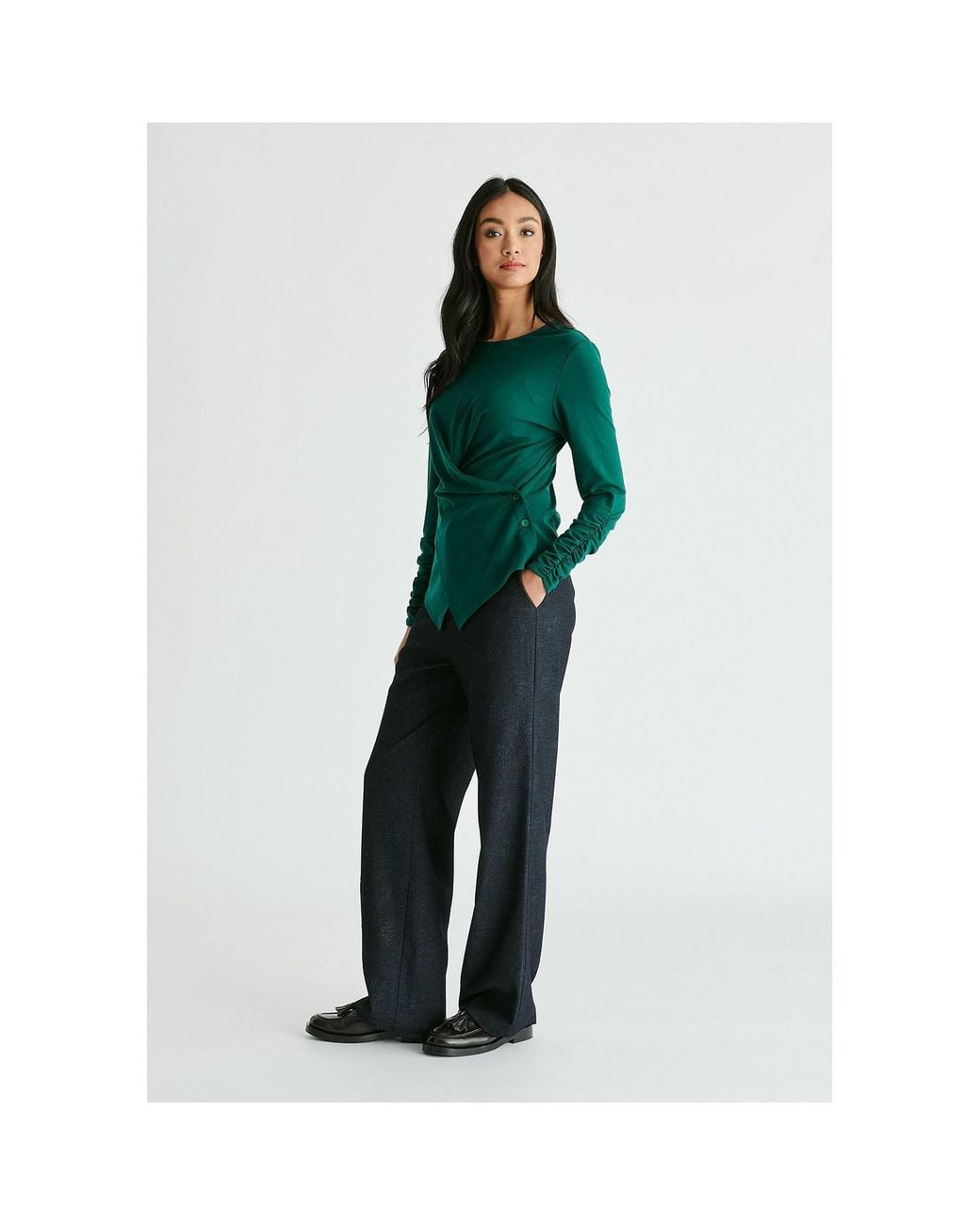 Paisie Green Side Button Jersey Wrap Top