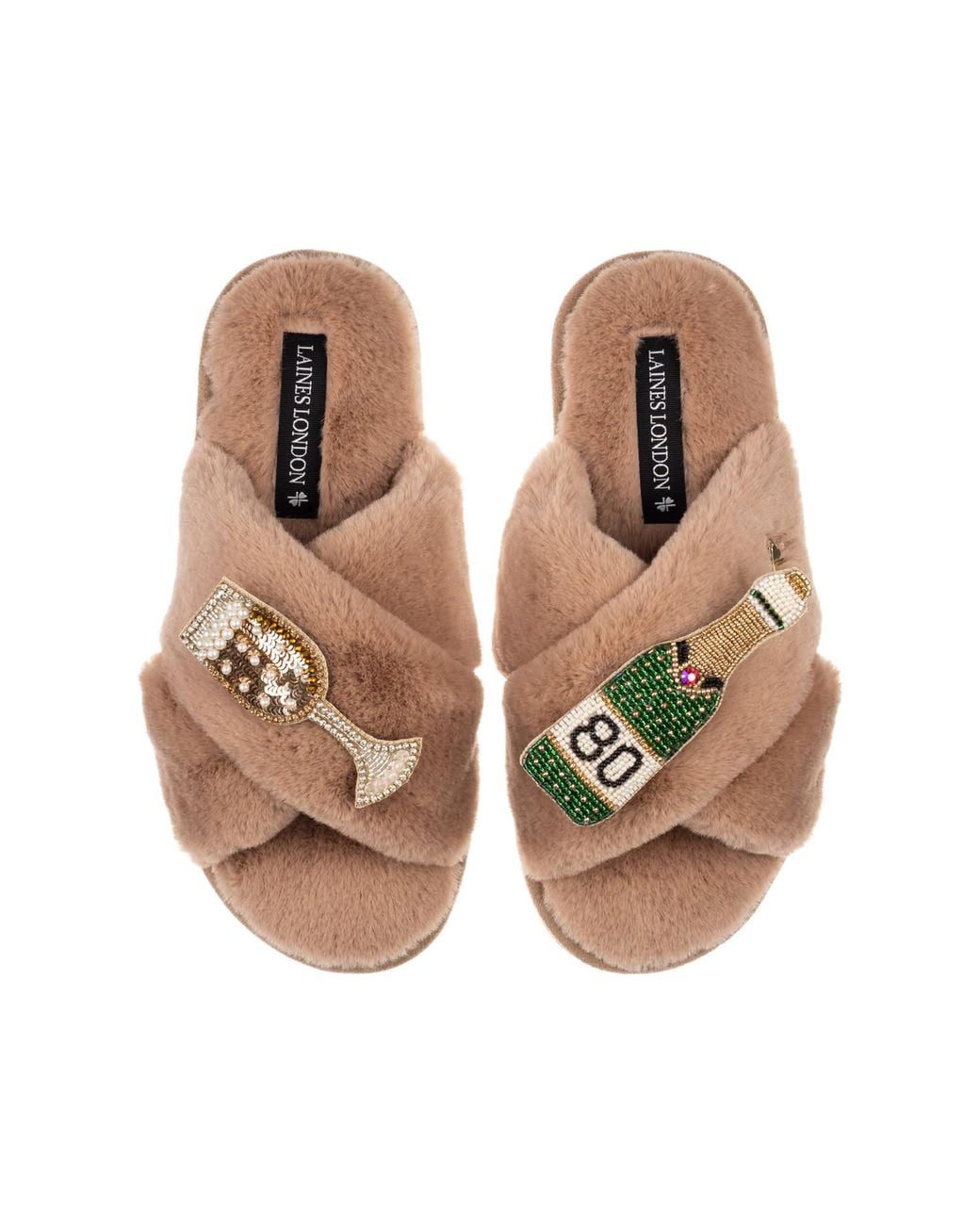 Laines London Brown Neutrals Classic Laines Slippers With Champagne & Glass 80Th Birthday Brooches