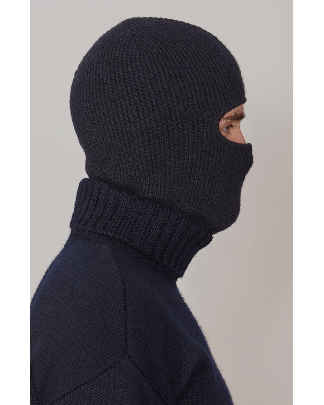 Paul James Knitwear Blue Merino Cashmere Aurelius Fisherman Rib Balaclava