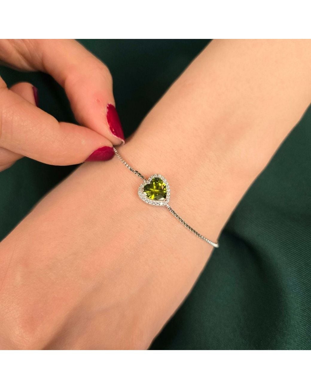 Sophelia Metallic Peridot August Birthstone Love Heart Charm Sterling Bracelet