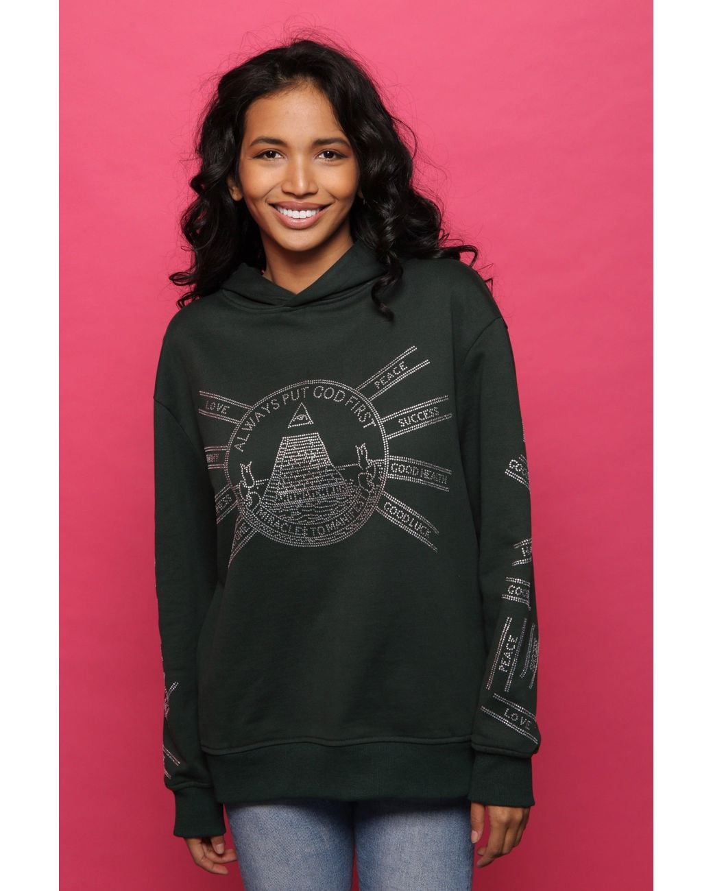 Miracles Manifester Green God First Affirmation Hoodie With Rhinestone Design