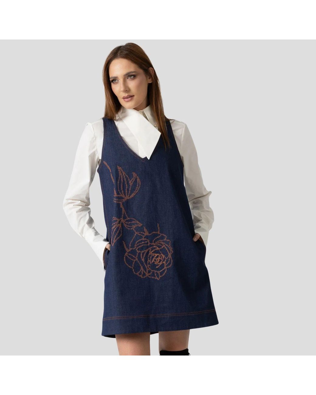 IZABELA MANDOIU Blue Dark Denim Mini Pinafore Dress With Copper Floral Embroidery