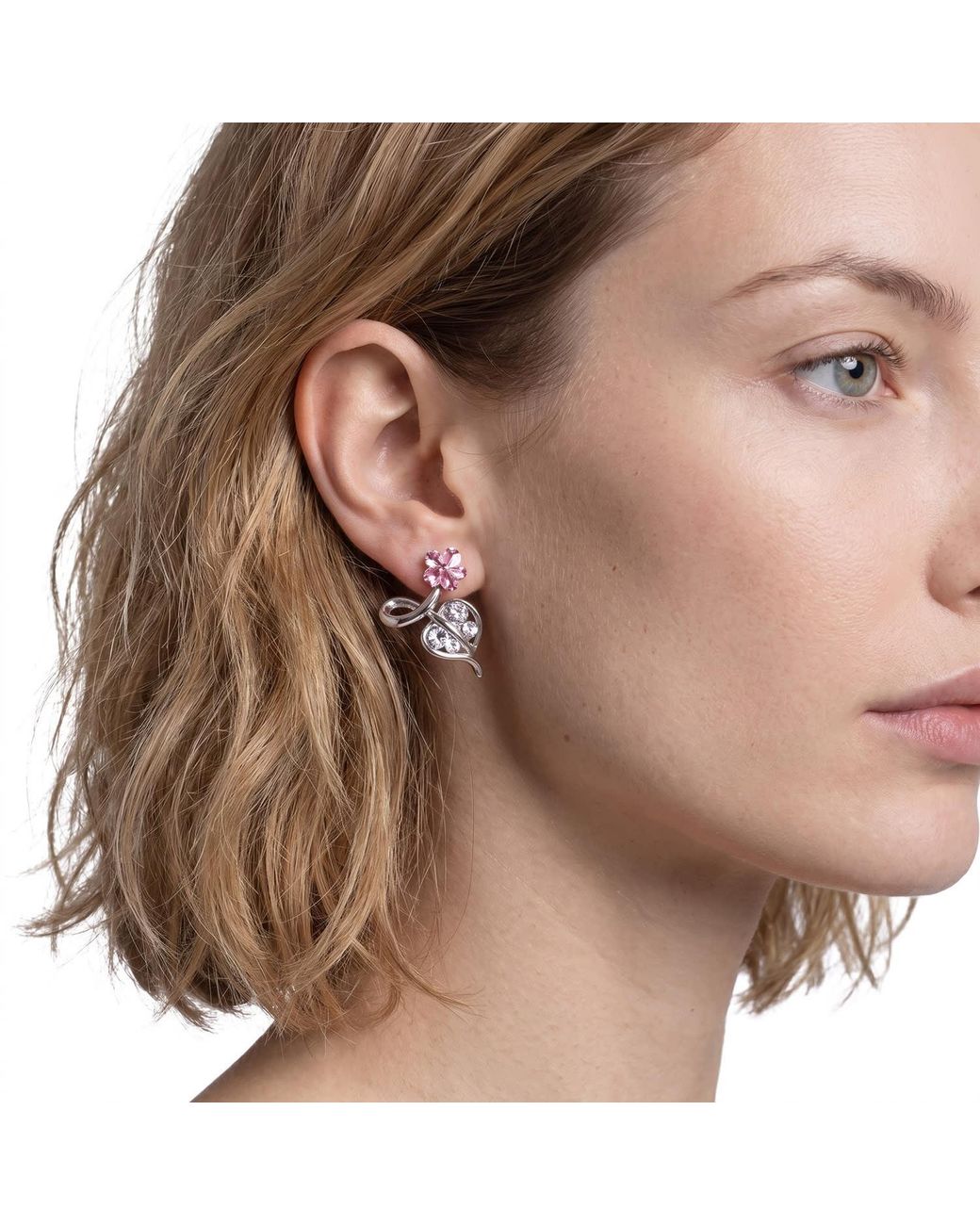 Modenaire Pink Flower Crystal Drop Earrings For