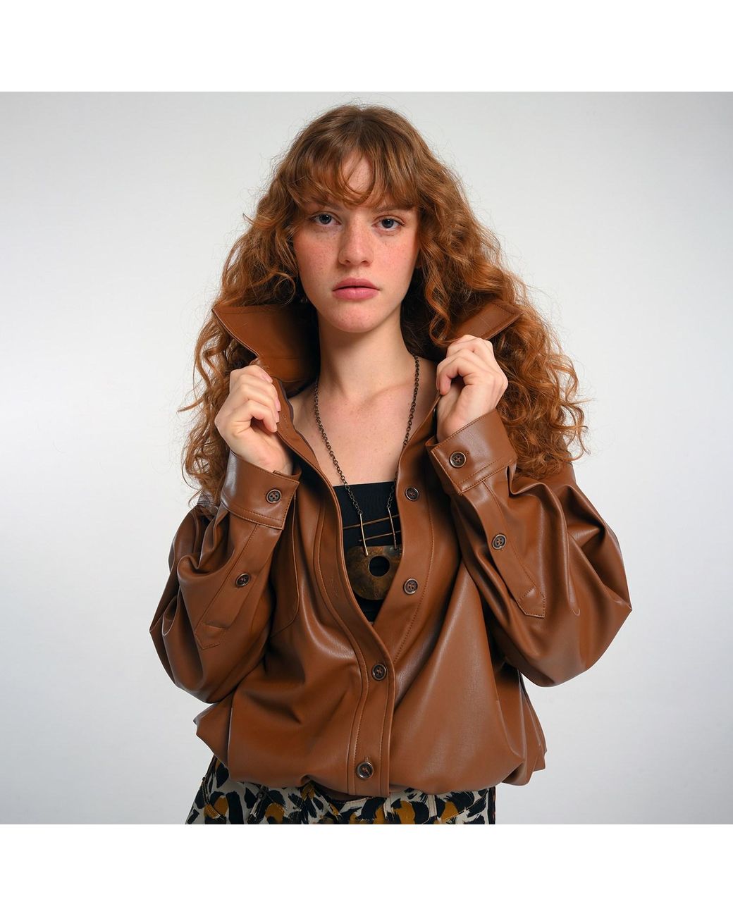 Lalipop Design Brown Long Sleeves Vegan Leather Shirt
