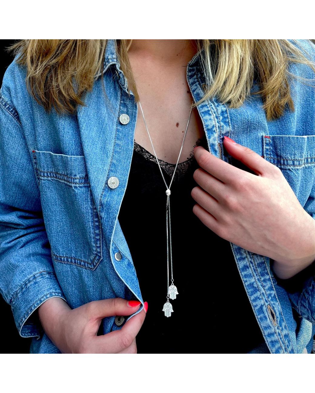 CarterGore Metallic Hamsa Hand Sterling Slider Necklace