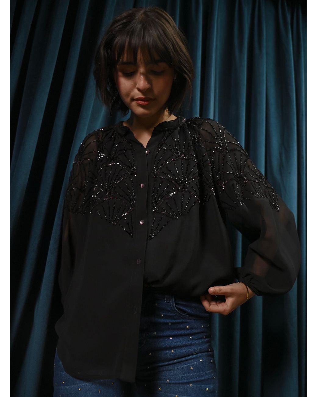 Rose & Nancy Black Gemma Hand Embellished Blouse