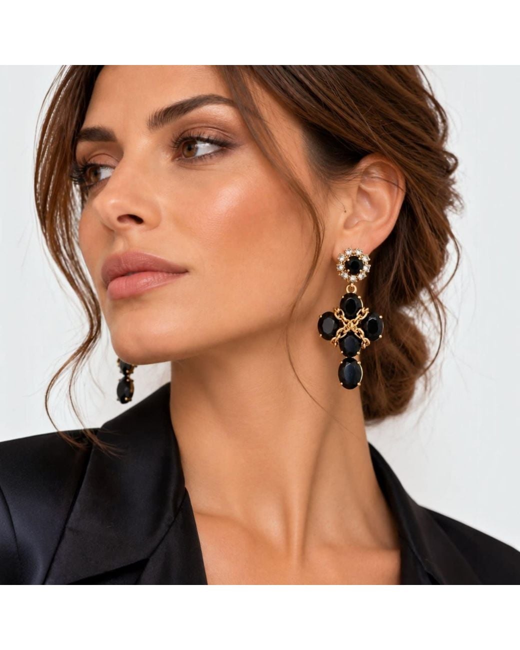 Vstyle Black Crystal Chain Statement Earrings