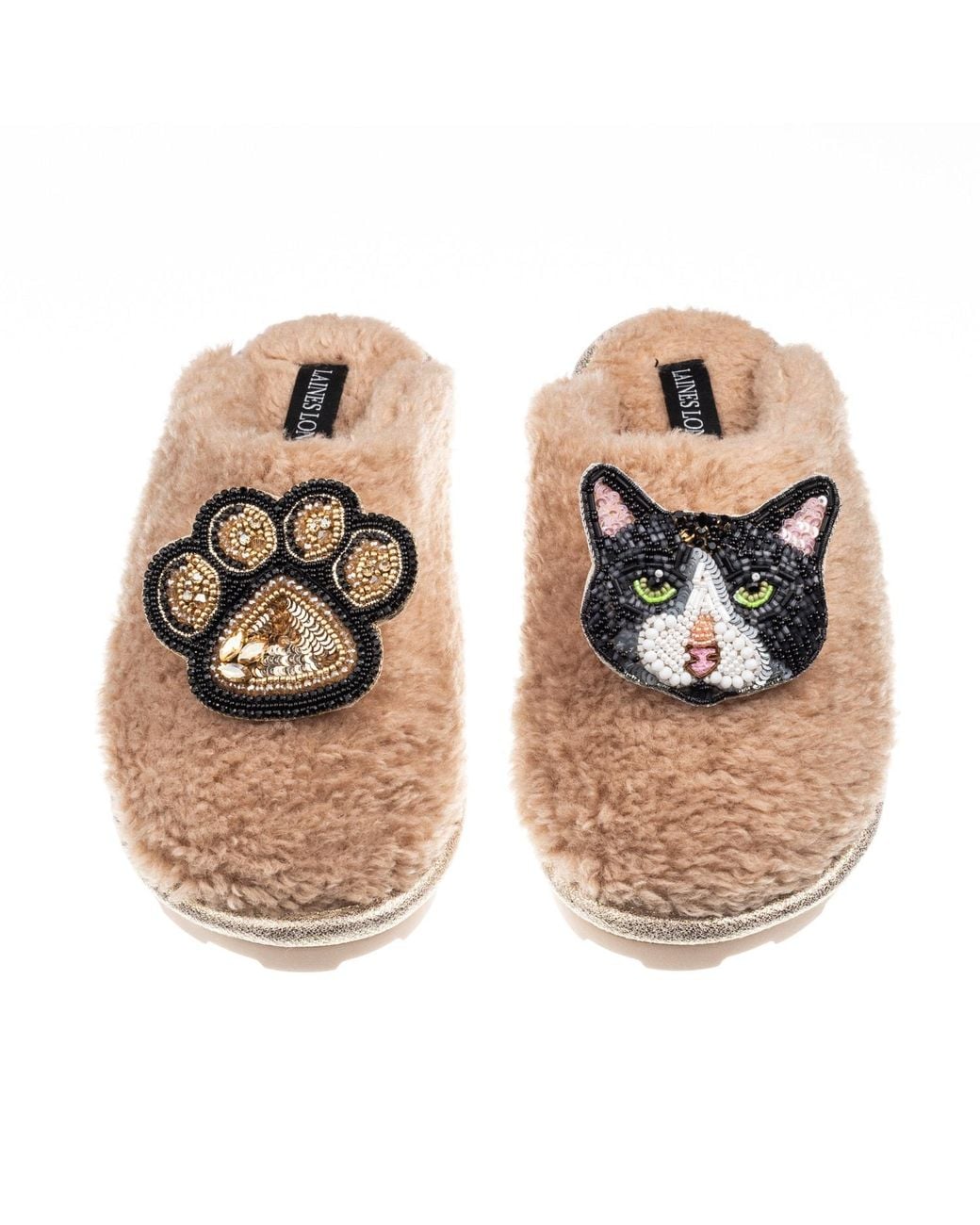Laines London Metallic Neutrals Teddy Closed Toe Slippers With Oreo Cat & Paw Brooches