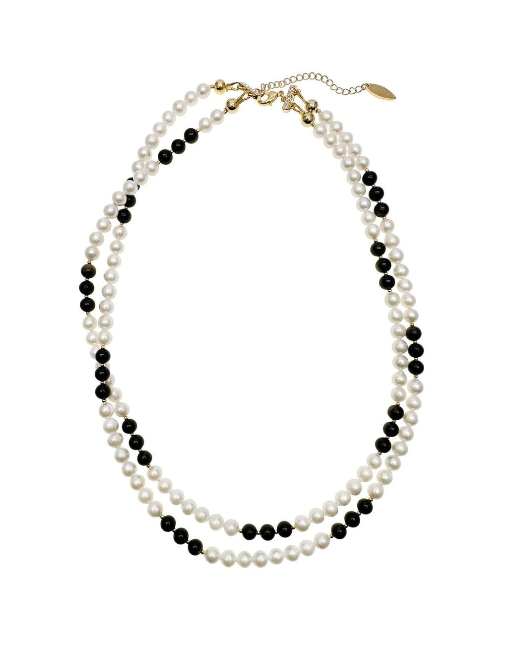 Farra Metallic Timeless Obsidian & Freshwater Pearls Double Layers Necklace