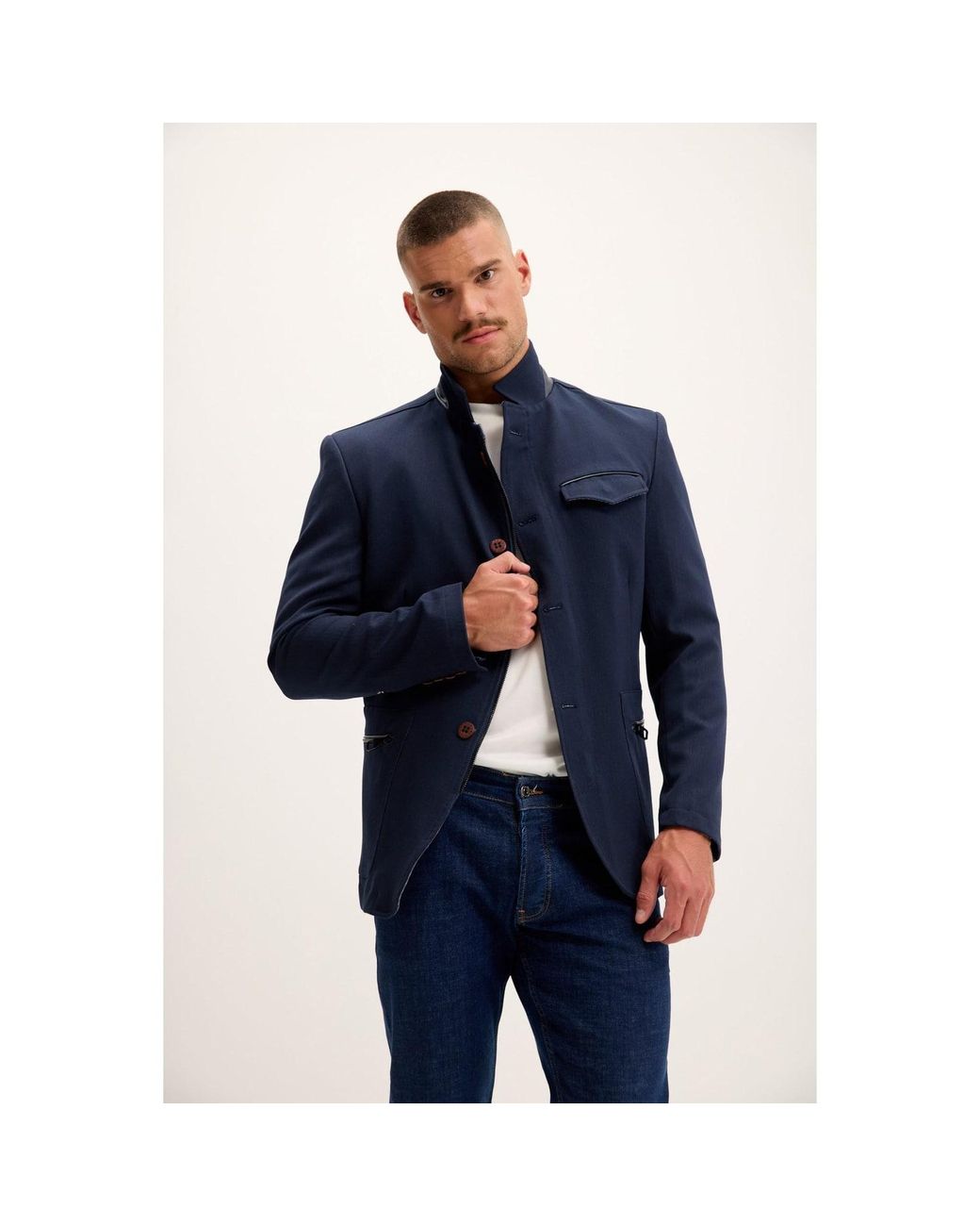 Ron Tomson Blue Stand Collar Denim Blazer for men