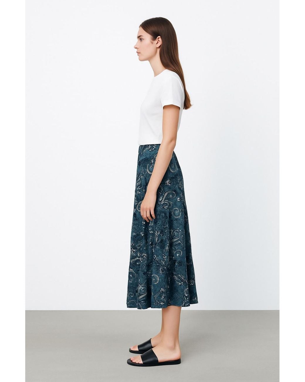 Conquista Blue Printed Viscose Midi Skirt With Tiered Hem