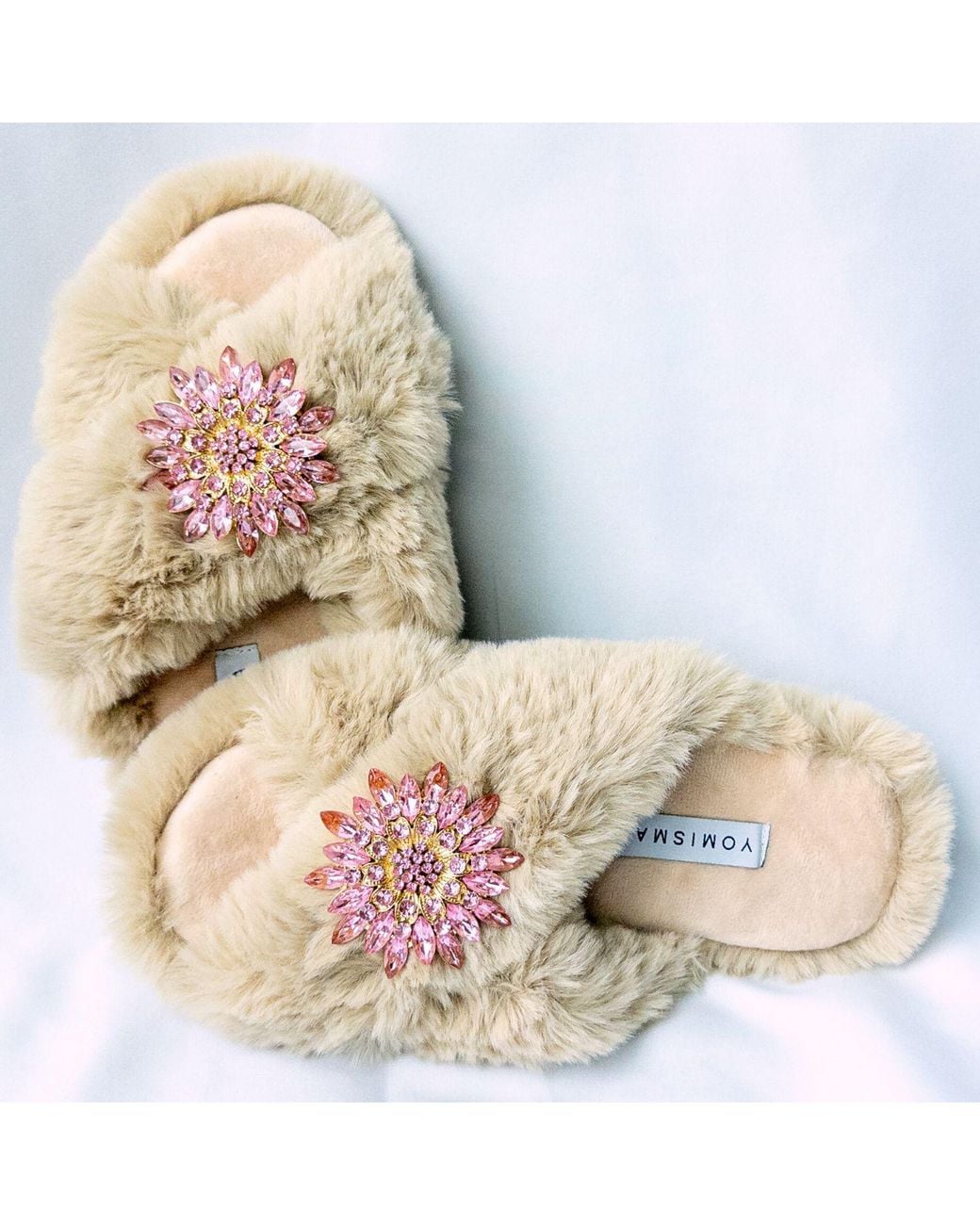 Yomisma Pink Neutrals Eco Faux Fur Slippers – Recycled Faux Fur + Removable Brooches