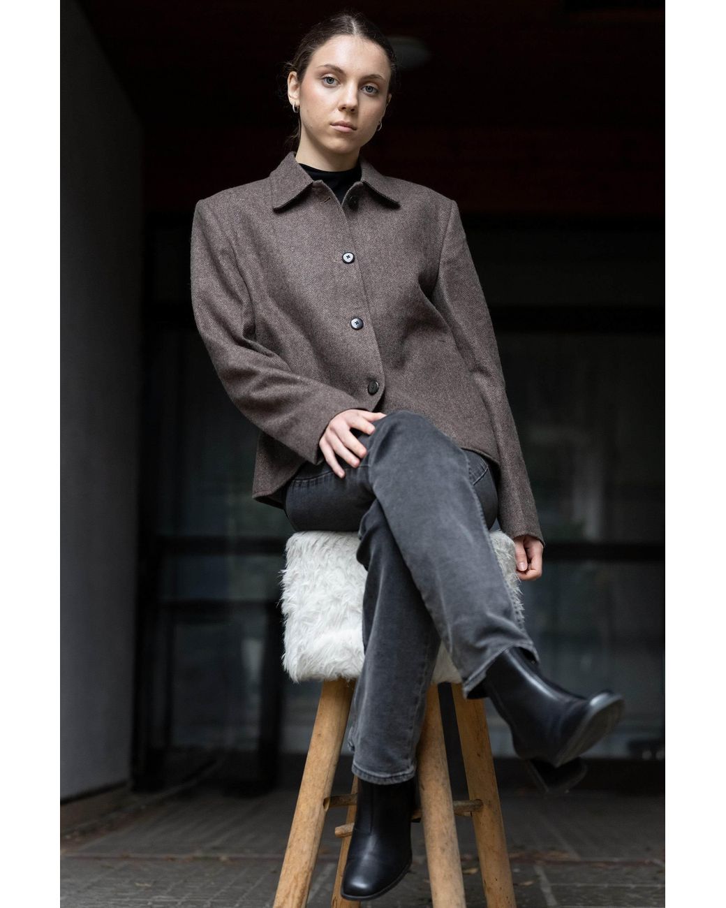 Stovaria Brown Light Himalayan Yak Wool Handwoven Cropped Jacket