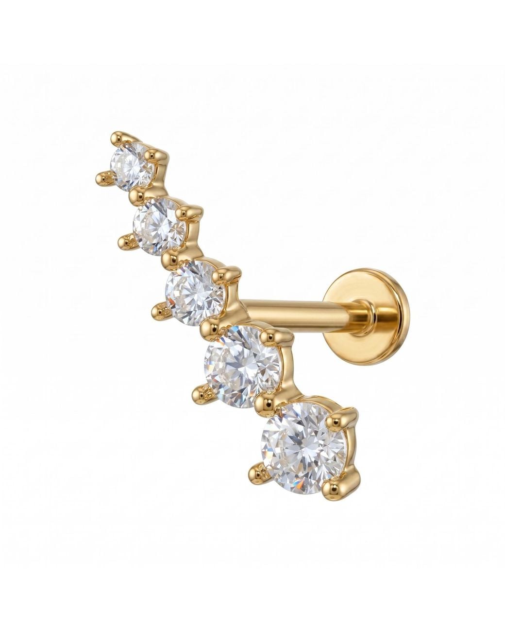Zahav Jewelry Metallic 14K Solid 18G 8Mm Graduated Cz Row Internally Threaded Flat Back Stud