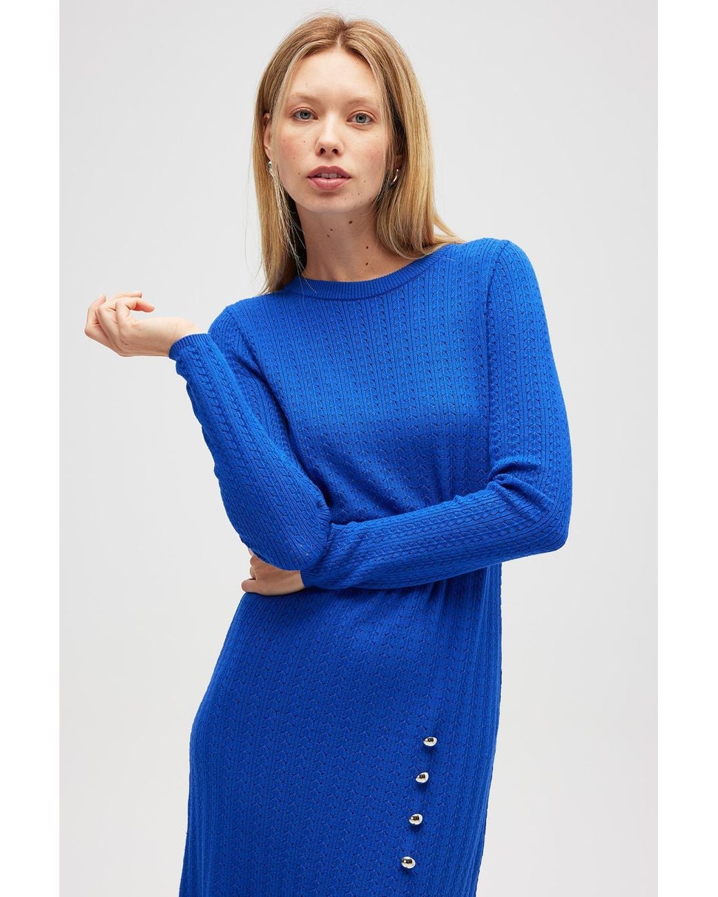 Peraluna Blue Zaira Minimal Cable Knit Slit Midi Dress