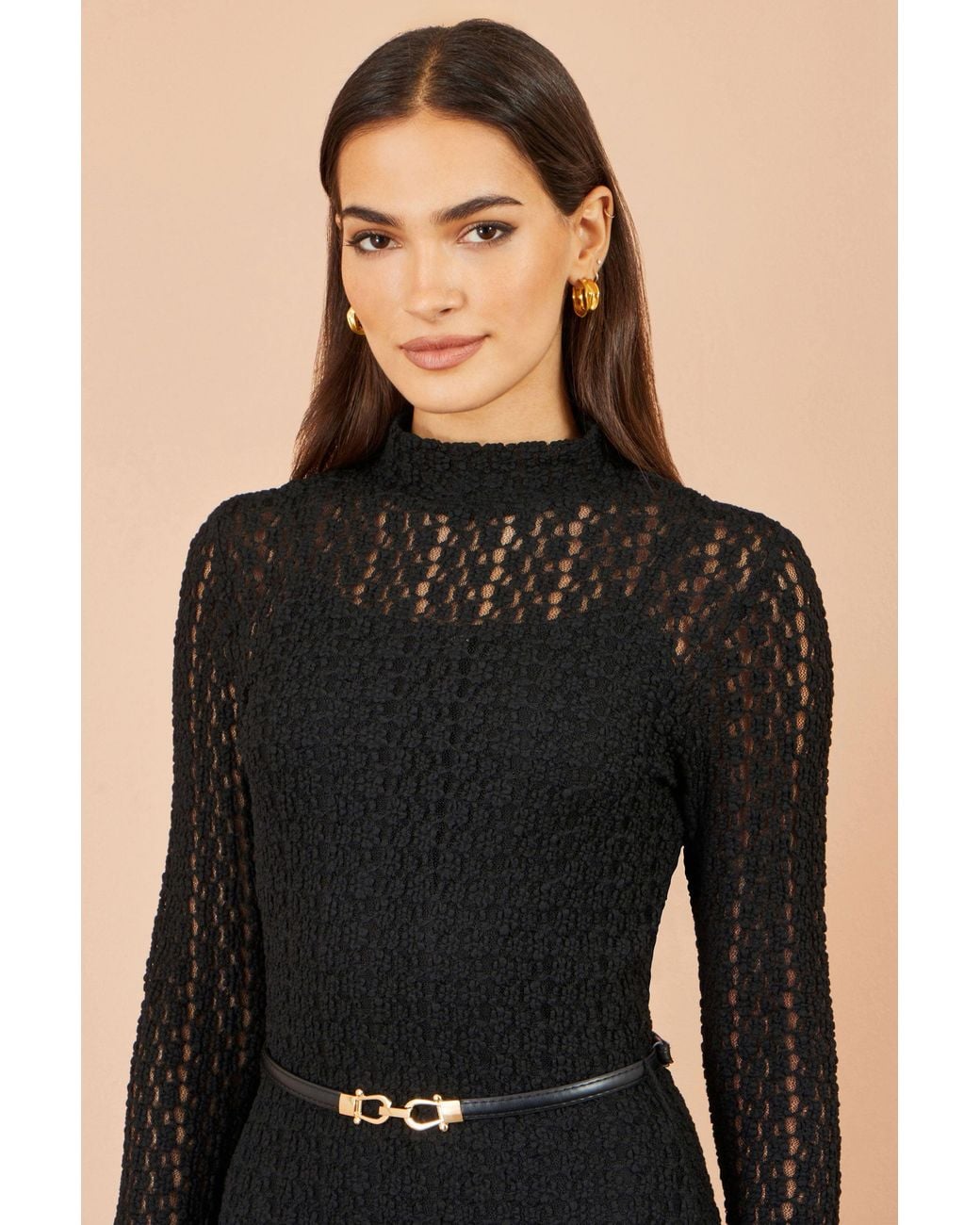 Yumi' Black High Neck Lace Midi Dress