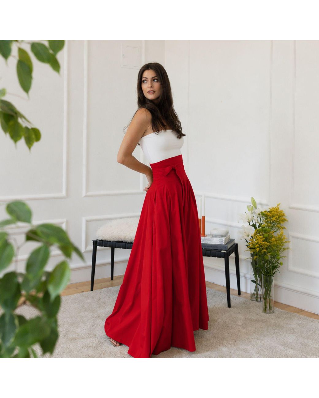 Nikka Place Red Long Cotton High Waist Skirt