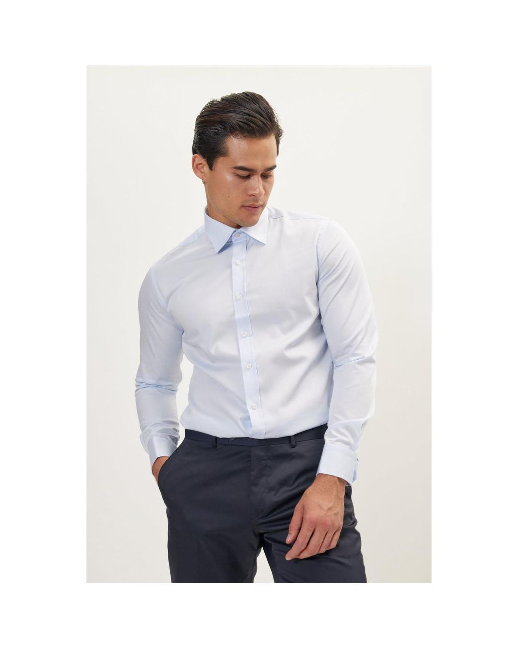 Ron Tomson Blue Pure Cotton Classic Collar Sateen Dress Shirt for men