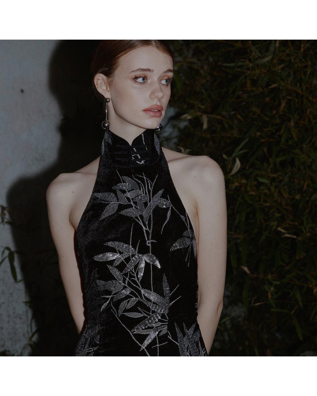 Belsize25 Black Bamboo Leaf Beaded Embroidered Halterneck Gown