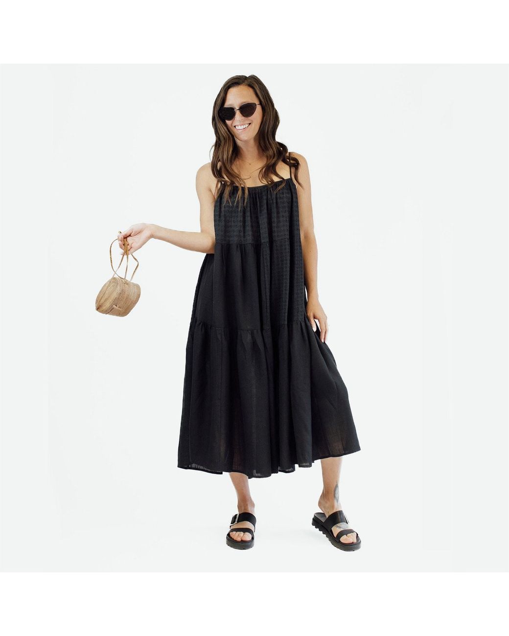 Zenzee Black Cotton Linen Tiered Patchwork Slip Dress