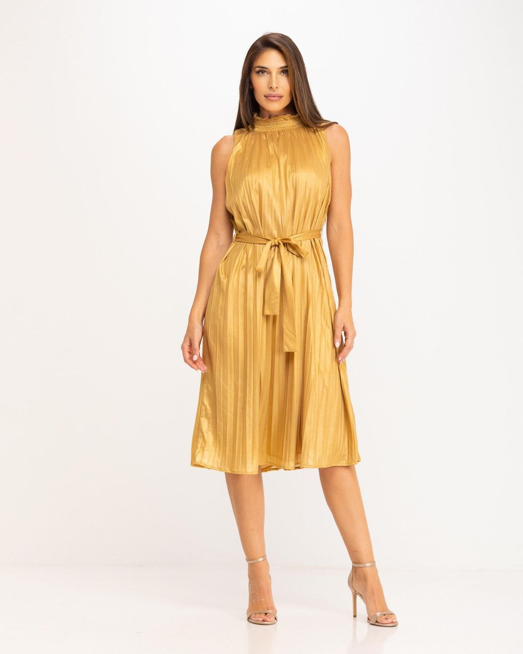 Gold pleated cheap midi dress