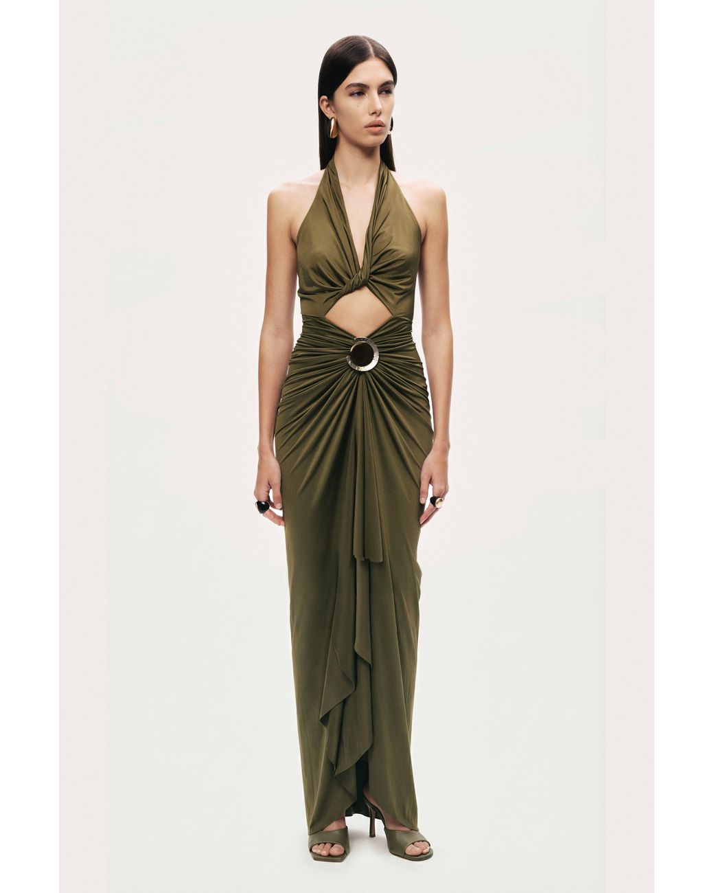 Nocturne Green Neutrals Cut-Out Halter Maxi Dress