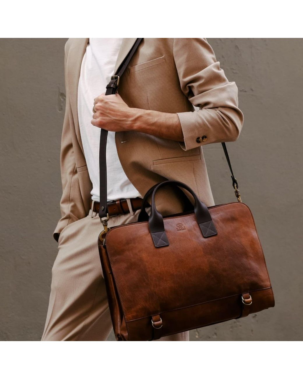 Time Resistance Brown Leather Briefcase Laptop Bag for men