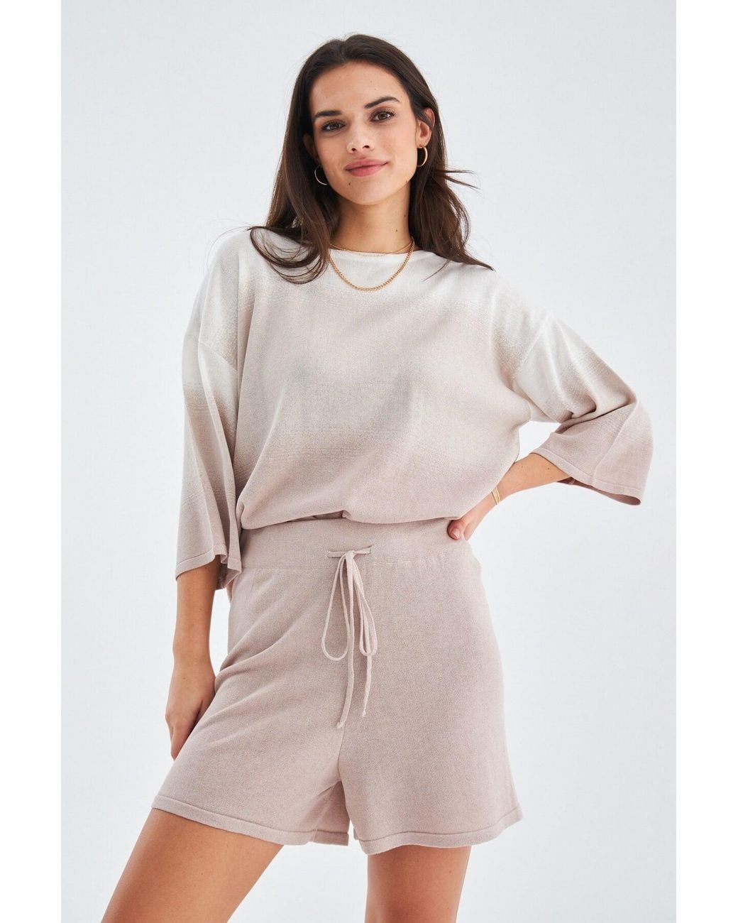 Peraluna Brown Siri Knitted Blouse & Shorts Matching Set