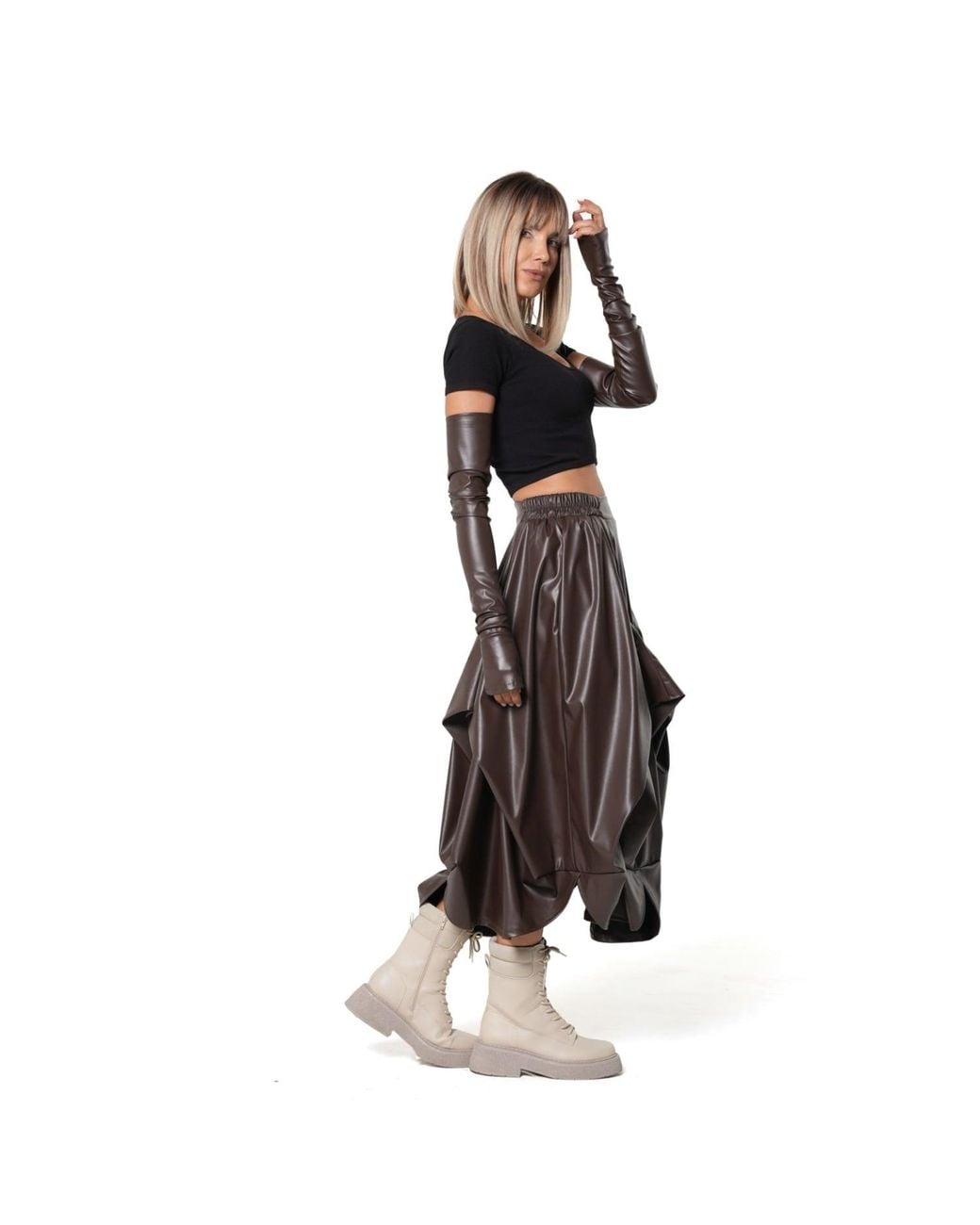 Metamorph Brown Vegan Leather Midi Skirt With Sculptural Folds