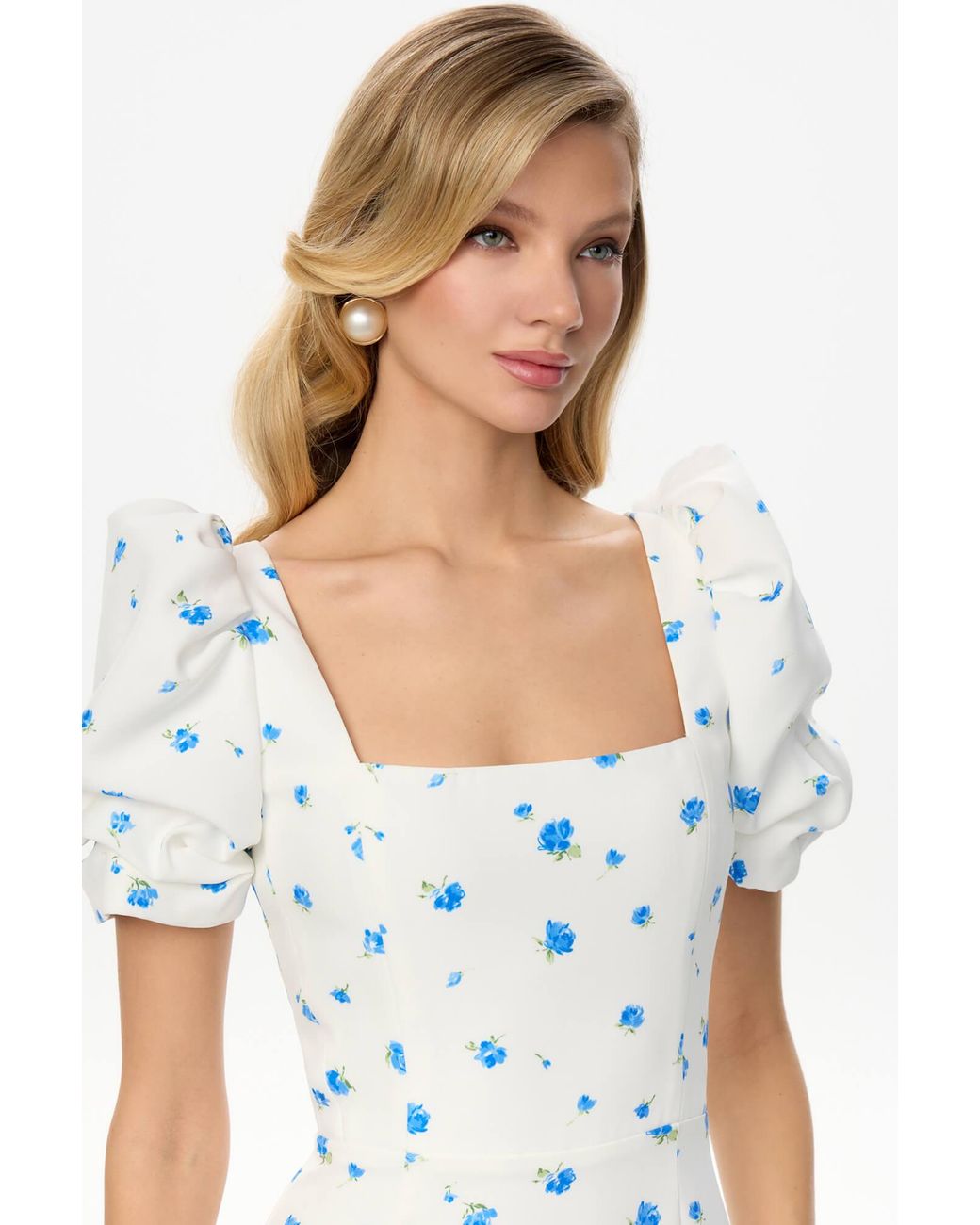 POST MERIDIEM White Godet Silhouette Square Neck Midi Dress