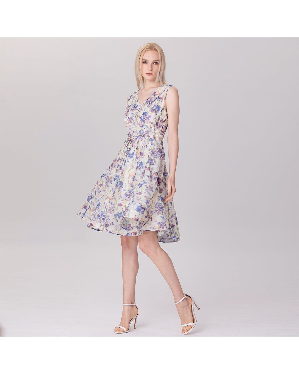 Smart and Joy Multicolor Neutrals Flower Print Sleeveless Tea Organza Dress