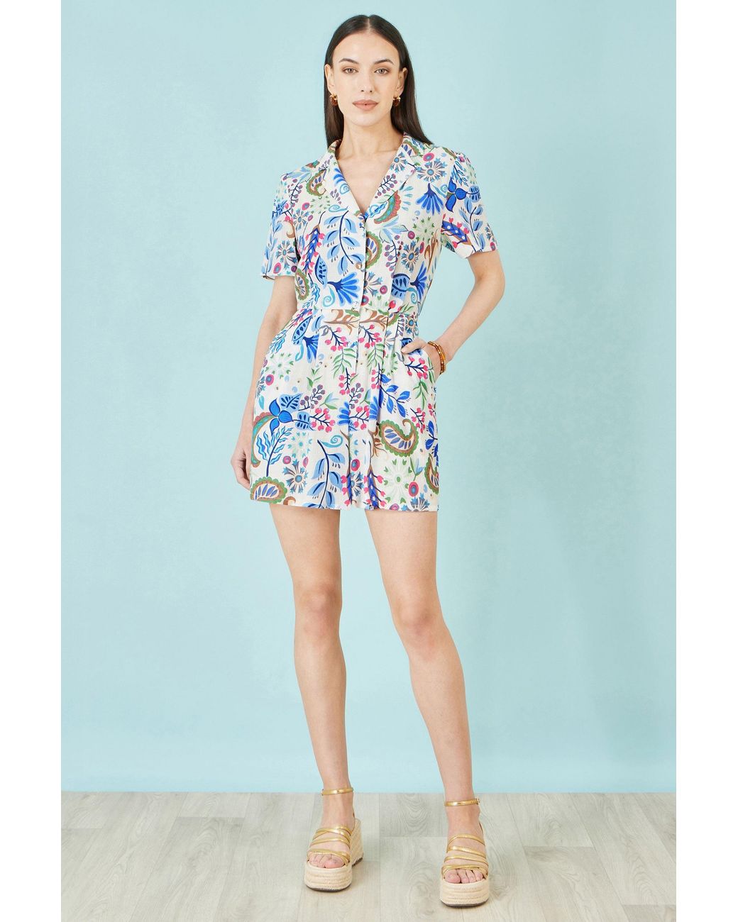 Yumi' Blue Multicolour Paisley Retro Print Playsuit