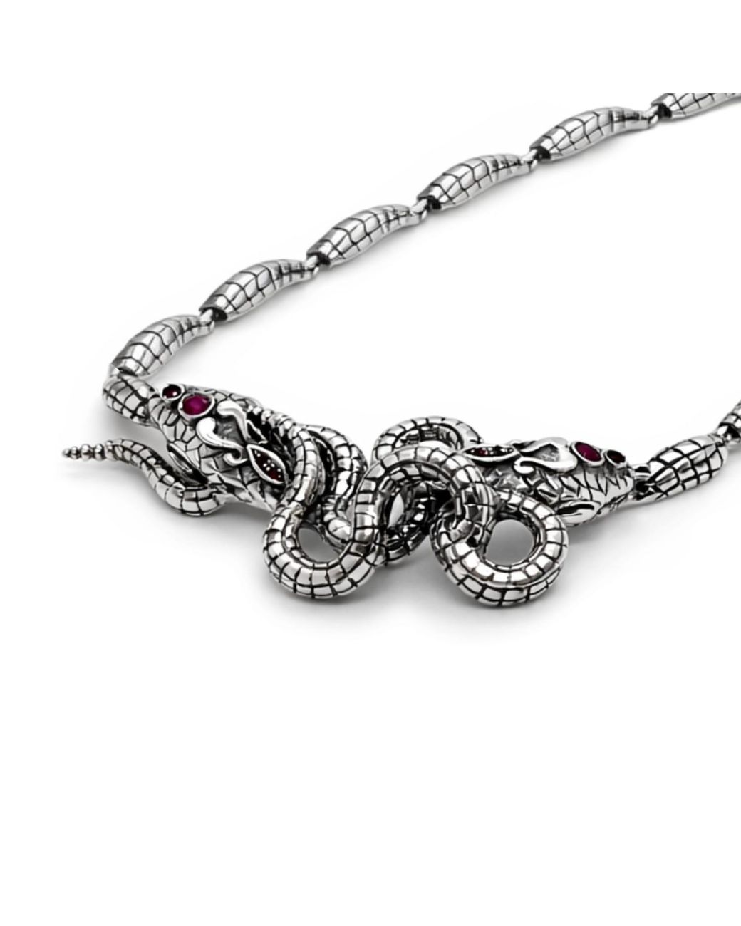 Unaloe Metallic Sterling Double Snake Necklace With Natural Rubies – Italian Artisan Jewelry For