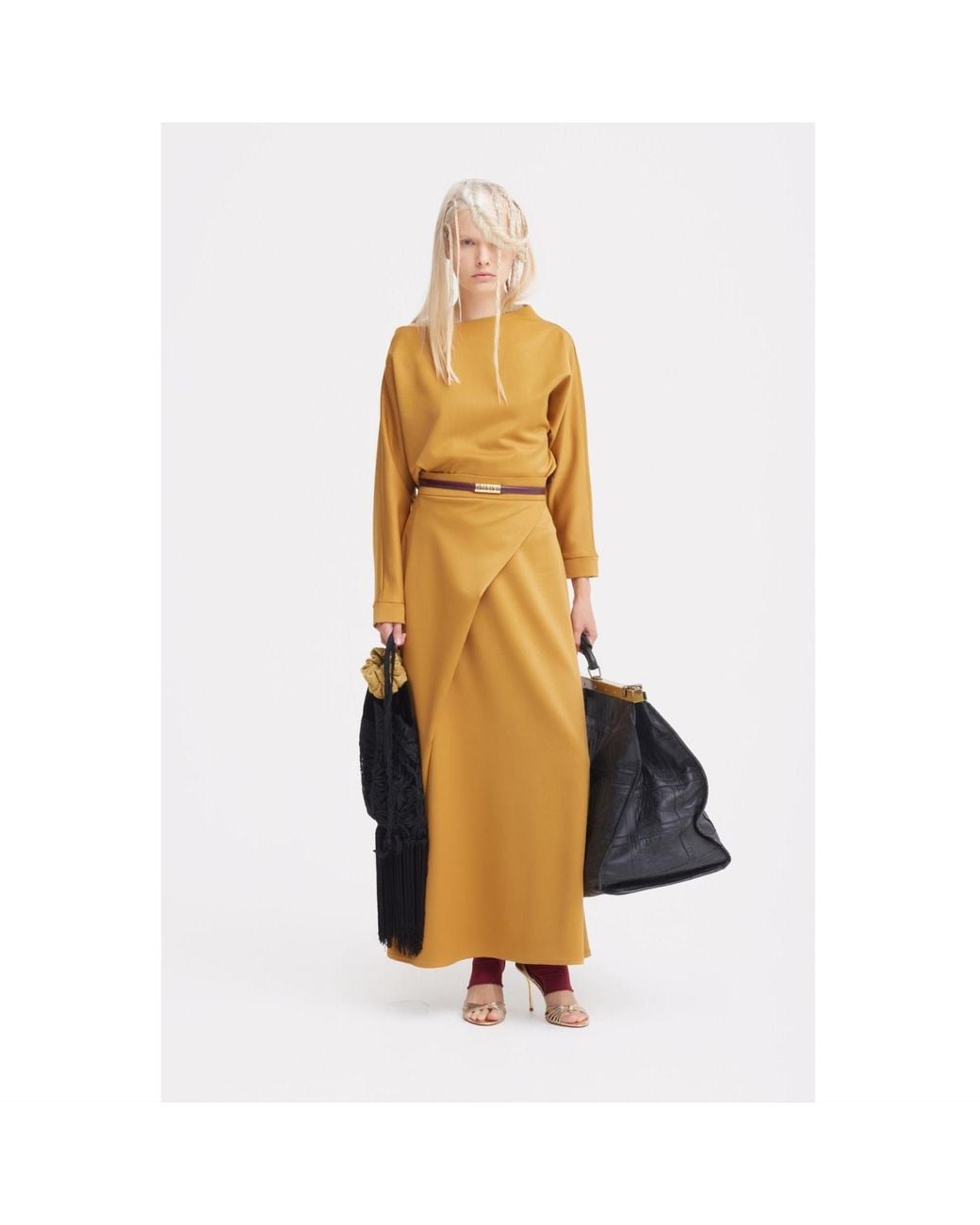 Julia Allert Brown Draped Boat-Neck Blouse & Wrap Midi Skirt Set – Mustard